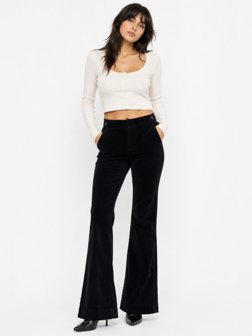 90s Vintage Eddie Bauer Velvet Corduroy Flare Tailored Pants (Black) Size 2P